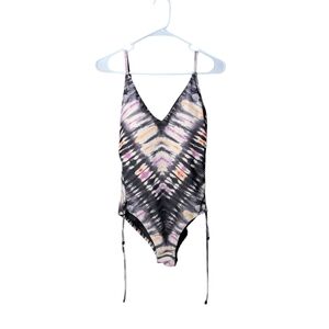 Bar III NWOT Drawstring Tie-Dye One-Piece Swimsuit Women's Medium Black Pink